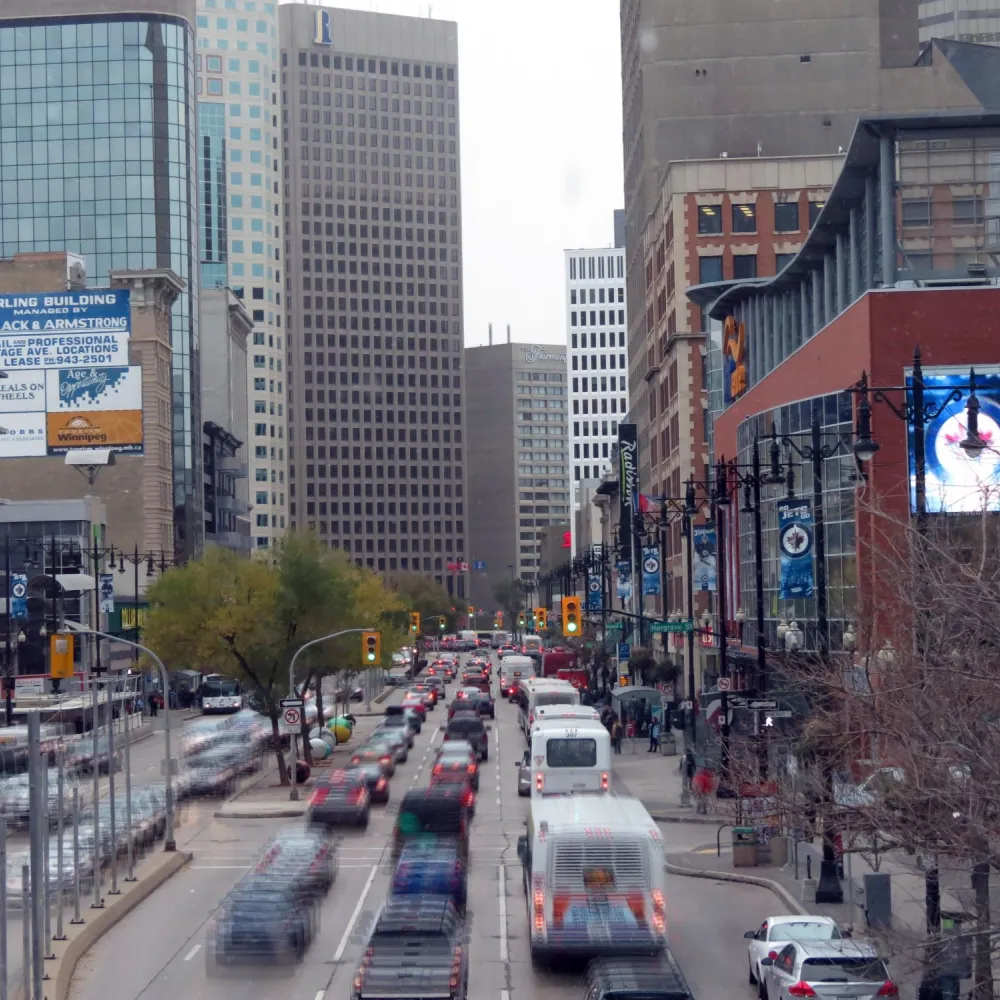 Looking east down Portage Avenue to the intersecton of Portage and Main